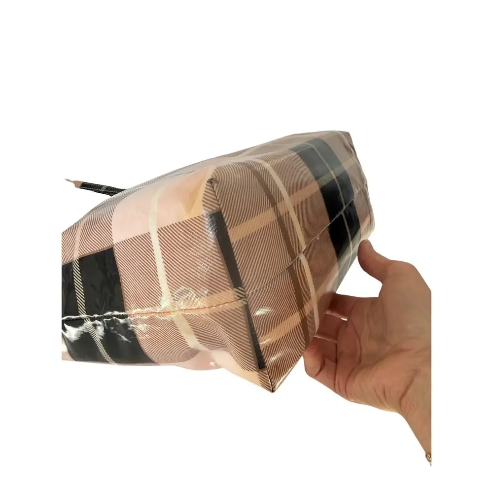 Kate Spade Bon Shopper Plaid Tote Bag Cream Taupe Coated Canvas